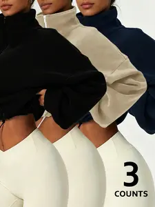 3 Piece Set Women's High-End Half-Zip Fleece Jacket, Athletic Jackets, Comfortable Skin-Friendly, Stand Collar Drawstring Hem Long Sleeve Sport Top