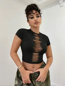 Women's Plain Hollow Out Round Neck Crop Tee, Casual Sexy Short Sleeve Crew Neck T-shirt for Summer, Fashion Women's Top for Daily Wear, Womenswear