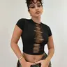 Women's Crewneck black Crop top, Casual cropped tee, hollowed out, Y2K style, American retro, Streetwear, casual short sleeved slim fit semi transparent T-shirt, spicy girl top, suitable for spring, summer, autumn, parties, nightclubs, daily outings