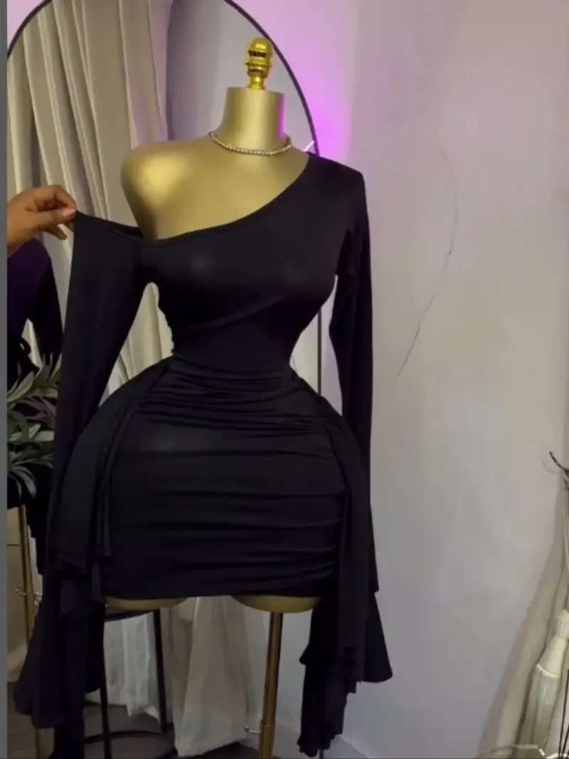 green emerald velvet dress Rhapsody Long Sleeve Knit Mini Dress Black main image 0