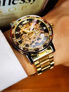 1pc Classic Skeleton Mechanical Watch for Men Luminous Hands Stainless Steel Strap Luxury Golden Mens Watches Top Brand  Retro Wristwatches