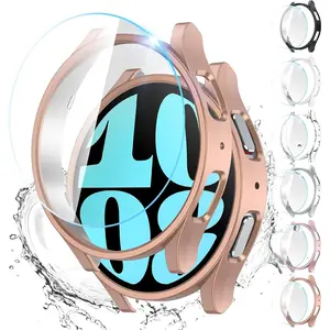 [6 + 6 pack] Galaxy Watch 6 screen protector case cover, tempered glass anti-fog bubble free film + waterproof hard pc protective bumper case compatible with Samsung Galaxy Watch 6 (44mm)