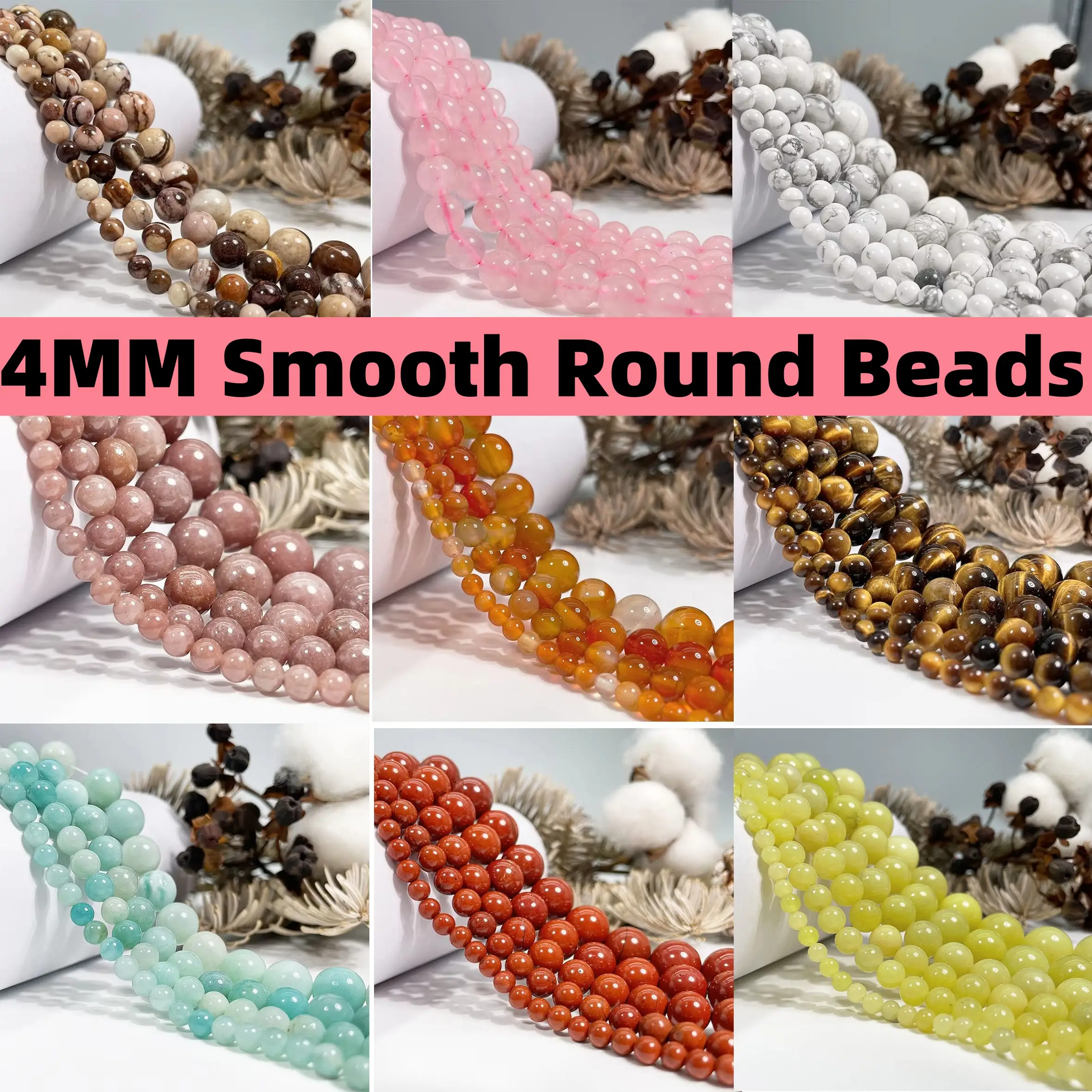 4MM Varied Kinds Natural Genuine Crystal Jade Gemstone Smooth Round Loose Beads For DlY Jewelry Making Handmade Crafts Bracelet, Necklace, Earrings 15
