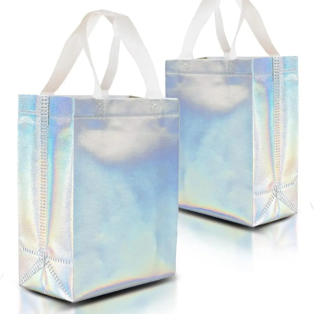 Iridescent Gift Bags Medium Size – Set of 12 Holographic Reusable Gift Bags With Handles - Ideal As Bridesmaids, Bachelorette, Birthday Gift Bags Bulk, Goodie Bags, Party Favor Bags – 8x4x10