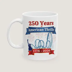 250 Years of American Thrills Mug – Patriotic 1776‑2026 Roller Coaster Fireworks Coffee Cup