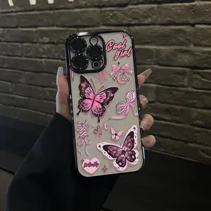 Pink Butterfly Pattern Phone Case Camera Lens Protection for iPhone 15 16 14 Promax 13 12 11 XR XS Plus Shockproof Non-slip Silicone Transparent Acrylic Large Hole Phone Protective Film Ultra Thin Magnetic Wireless Charging