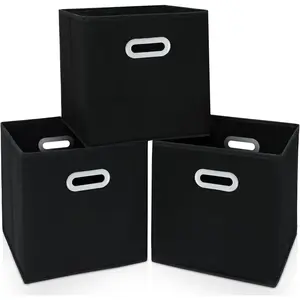 3-Pack Black Fabric Storage Bins - Foldable Cube Organizers with Dual Handles - For Home & Bedroom Use Boxes