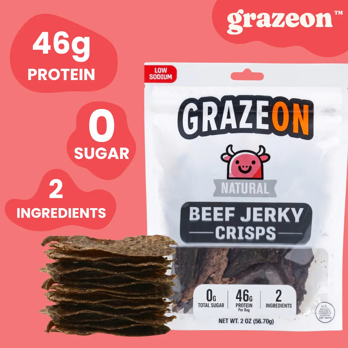 GrazeOn Natural Beef Jerky Crisps- High Protein, No Sugar, Crunchy Air-Dried Meat Snack, All-Natural - 2.0 oz