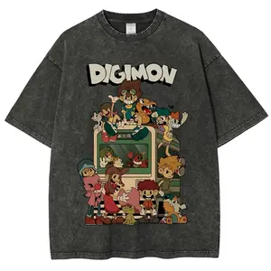 Men's 90s Vintage Digimon Anime Cotton Short-Sleeve Round Neck T-Shirt, Loose-Fitting Oversized Graphic Casual Top, Menswear Streetwear Summer Vacation Outfit