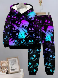 Boys' Cyberpunk 3D Print Set, Blue Gradient Hoodie and Pants, Long Sleeve Slim Fit, Spring & Fall Casual Sweatpants Sweatshirts