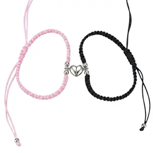 BONJOOK Couple Bracelet Set Matching Friendship Bracelets with Connected Heart Charm Adjustable Cord Gift for Couples and Best Friends