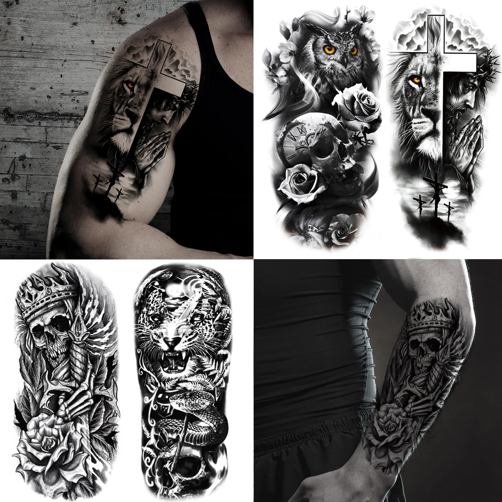 72 Sheets Temporary Tatoo 12 Large and 60 Medium-sizedsheets Black Arm Temporary Tattoos For Men Forearm WomenThigh, Half Sleeve Temporary Tattoos , Halloween Tattoos Scary Lion Wolf Tiger Skull Skeleton Tattoos Stickers