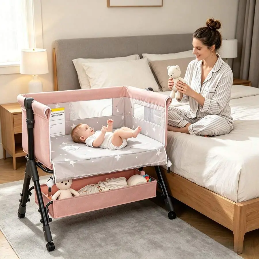 3-in-1 Baby Crib Bed Bassinet Cradle with Storage Basket & Mosquito Nets Adjustable Height Portable for Infant Newborn Gift Dark Grey