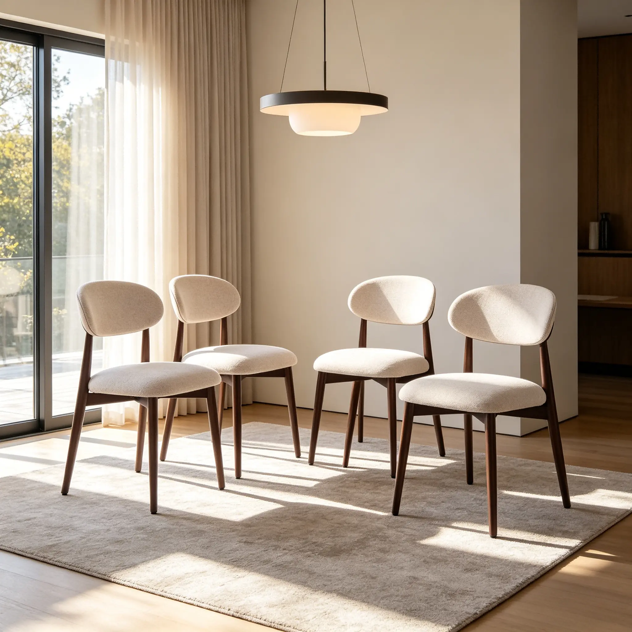 Modern solid wood dining chair set of 4, featuring curved backrests, armless linen-padded seats, walnut-colored legs, and adjustable non-slip foot pads. Suitable for home and kitchen use.