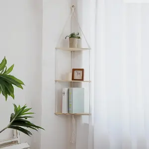 Macrame Corner Shelf Wall Hanging - 3 Tier White Floating Shelves Plant Corner Wall Decor, Boho Rustic Wood Plant Storage Rack for Bedroom Living Room Bathroom