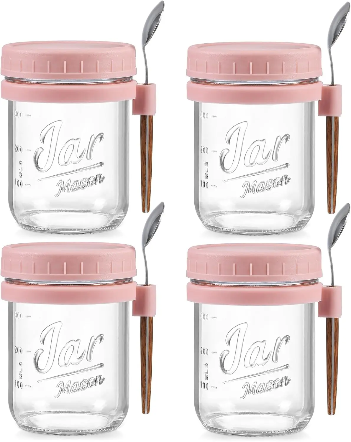 4 Pack Sturdy 16 oz Wide Mouth Glass Mason Jars Overnight Oats Containers with Airtight Lids, Spoons & Canisters - Ideal for Milk, Cereal, Fruit, Birthday Gifting