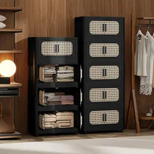 Retro Black, 20" Side Wide Folding Storage Cabinet ,4 Tiers,19.69"×11.81"×40.55",Collapsible Storage Bins with Magnetic Door, Plastic Storage Cabinet with Wheels