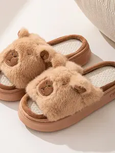 Cartoon Capybara Open Toe Soft Slippers, Family Matching Casual Summer Shoes, Cute Cotton-Like Footwear for Couples & Kids, Cute Cartoon Slides