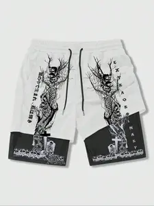 Men's Regular Fit Skull Print Shorts, Casual Comfy Breathable Track Shorts for Gym Workout Running, Men's Bottoms for Summer