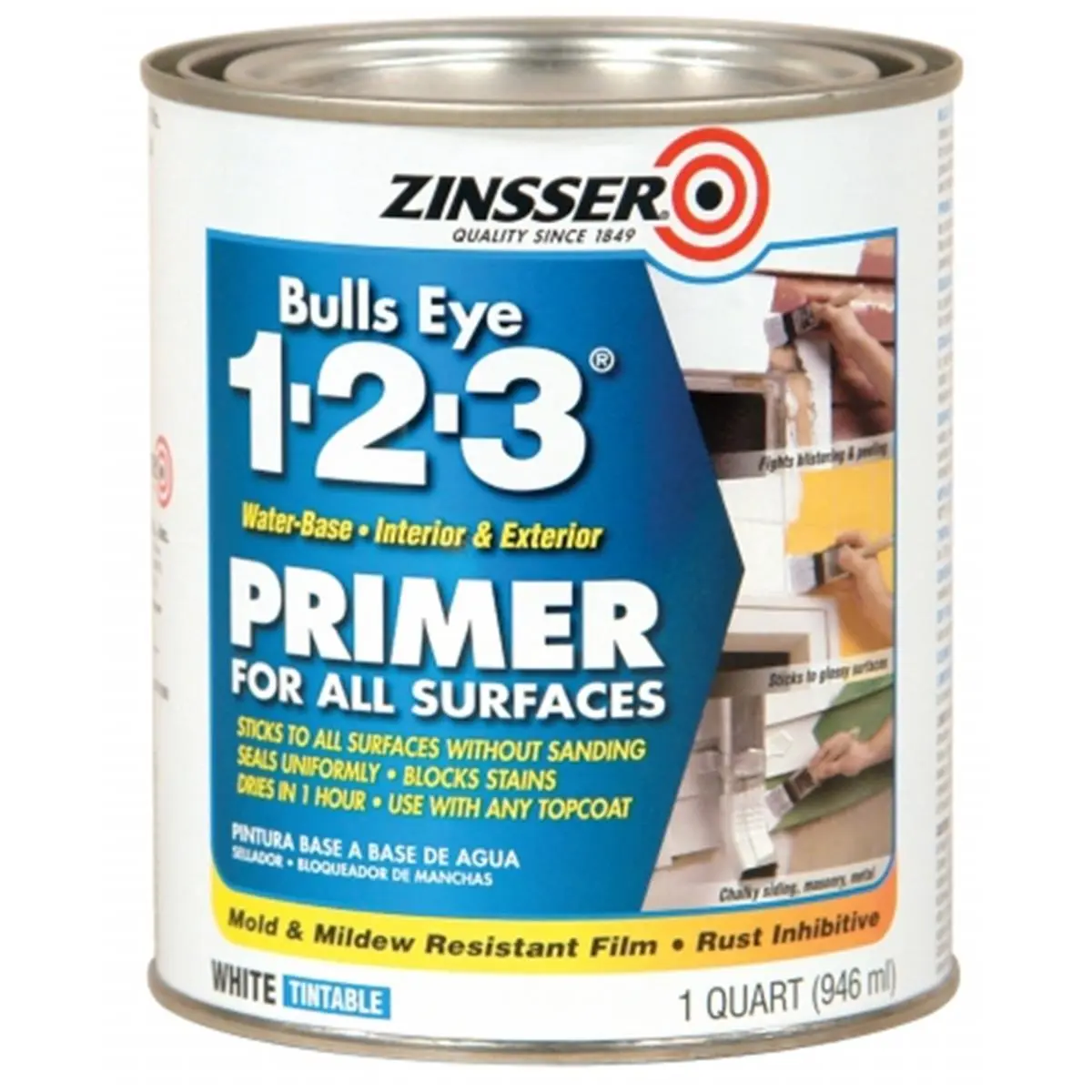 Rustoleum  Quart Bulls Eye 1-2-3 Primer Sealer Stain Killer, Interior/Exterior, Acrylic Latex