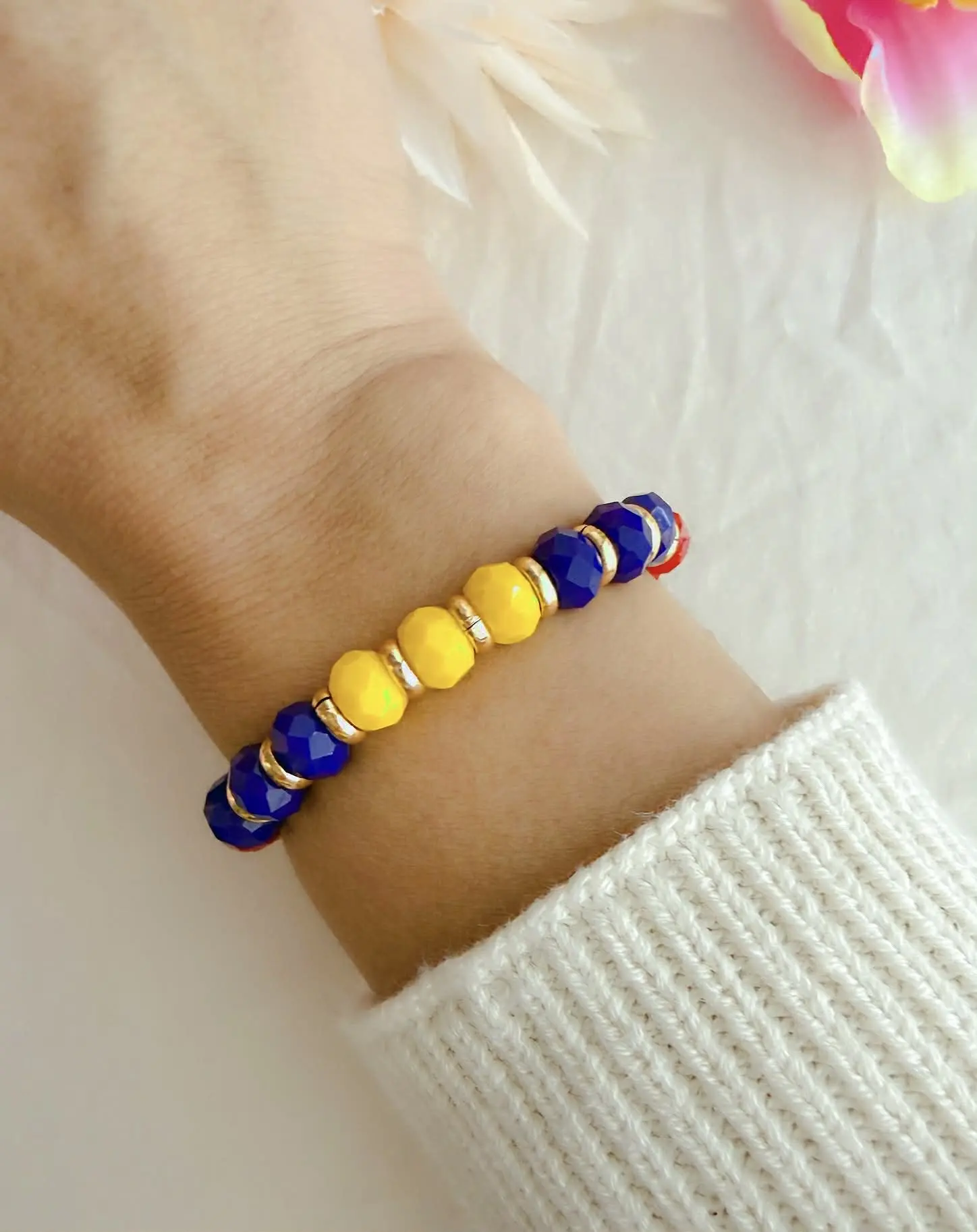 Colombia Flag Bracelet for Women, Adjustable Beaded Bracelet, Yellow Blue Red Glass Beads  Category