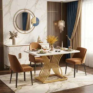 Modern White 47" Dining Table For 4 People Kitchen Breakfast Dinette Table With Gold Leg For Home Dining Room Kitchen Apartment Restaurant