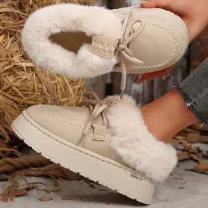 Women's Platform Plush Lined Slippers Warm Plush Mini Snow Boots Lace - up Indoor Outdoor Shoes