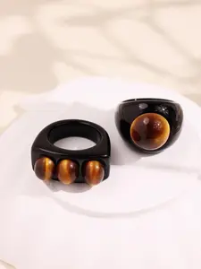 2pcs/Set Vintage Brown Stone & Black Wide Resin Rings, Retro Ring Set, Gift For Friends