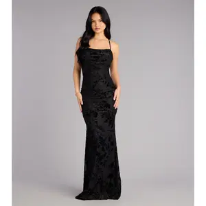 Alma Flocked Floral Mesh Mermaid Dress