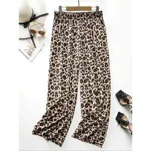 [Plus Size] Plain / Leopard Print Elastic Waist Wide Leg Pants, Casual Fashion Trousers for Daily Wear, Ladies Bottoms for Spring & Fall, Casual Fitted Trousers, Casual Elastic Waisted