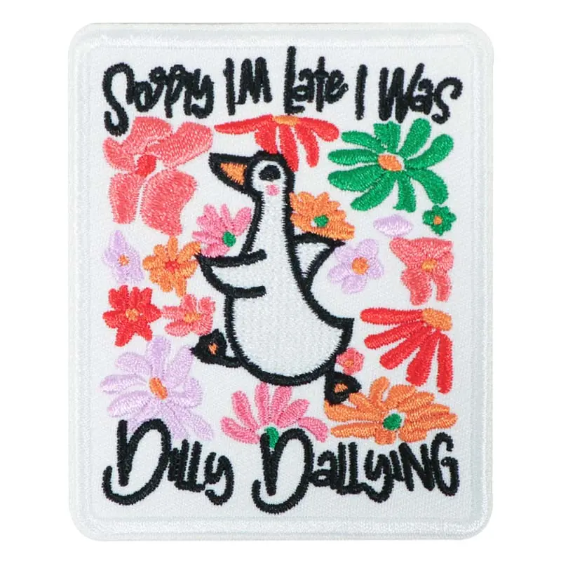Sorry I'm Late Dolly Dallying Embroidered Patch, Floral Embroidery Design, Back Adhesive Iron-On Applique, Floral Embroidery Appliques, Embroidery Patches, Perfect for Clothes Jackets Hats Accessories