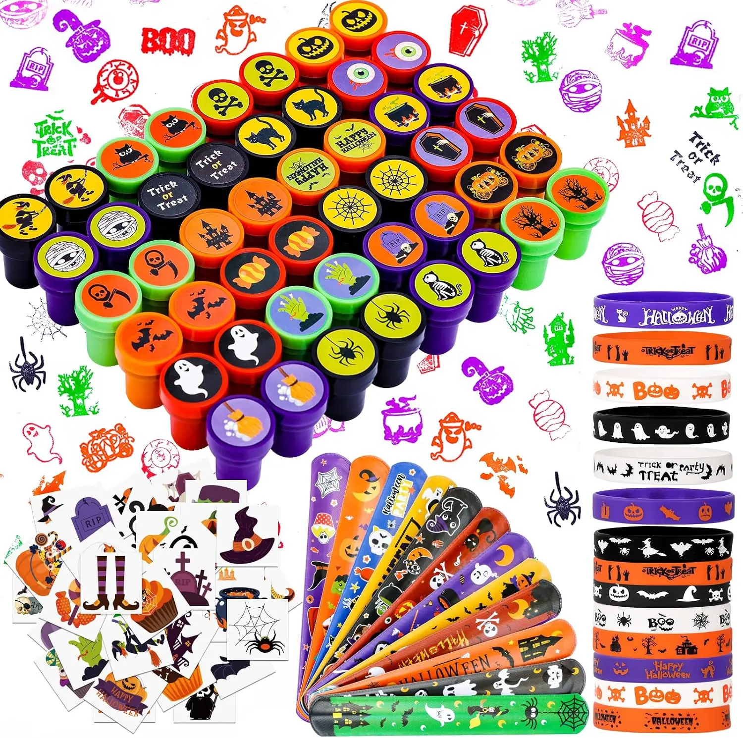 Halloween Party Favors for Kids (288pcs) - Tattoos Stamps Slap Bracelets Rubber Bracelets Halloween Pinata Stuffers Trick-or-Treat Goodie Bag Fillers Classroom Game Prizes