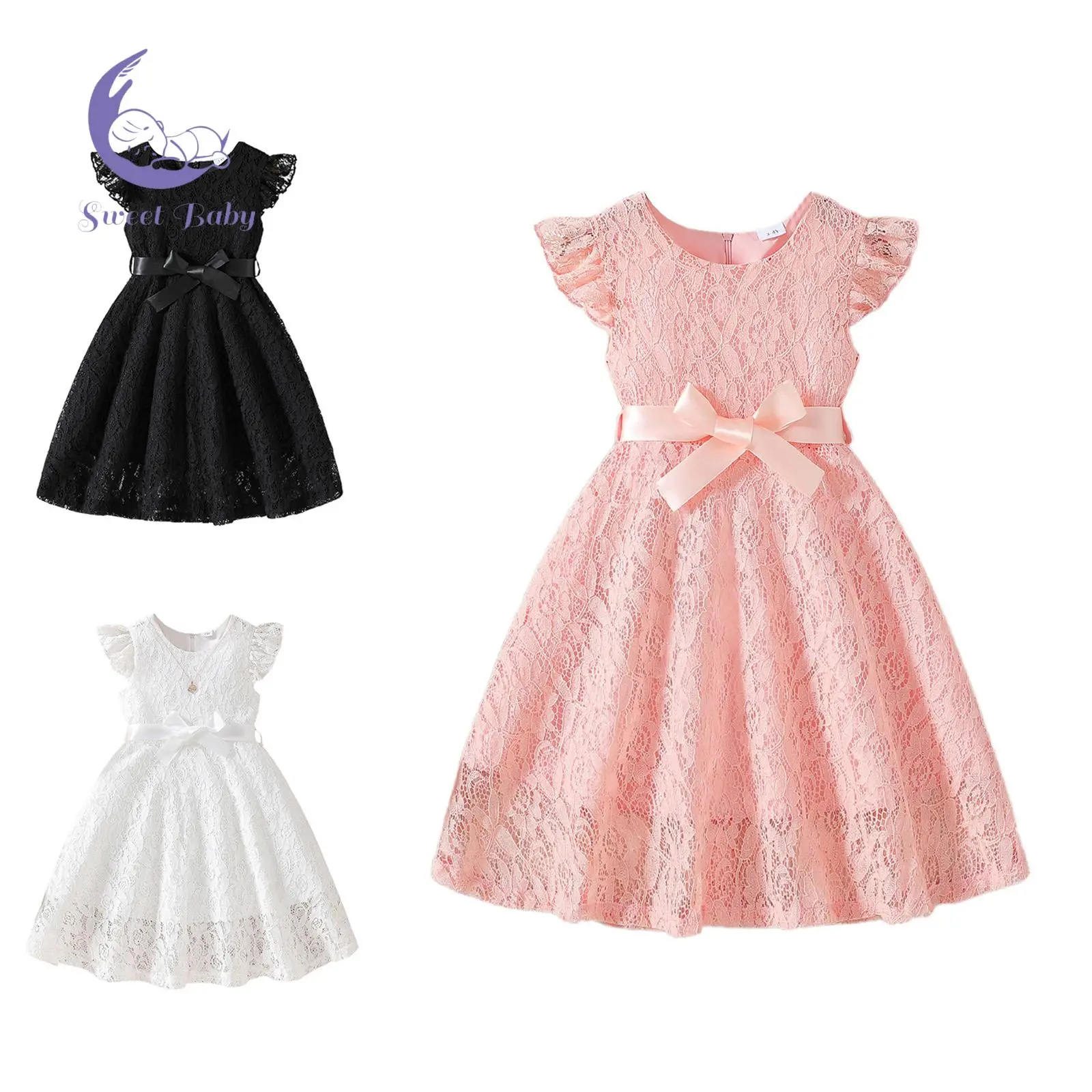 Baby Girls Dress Lace Fly Sleeve Round Neck Casual Dress Toddler Fashion Summer Dress With Belt