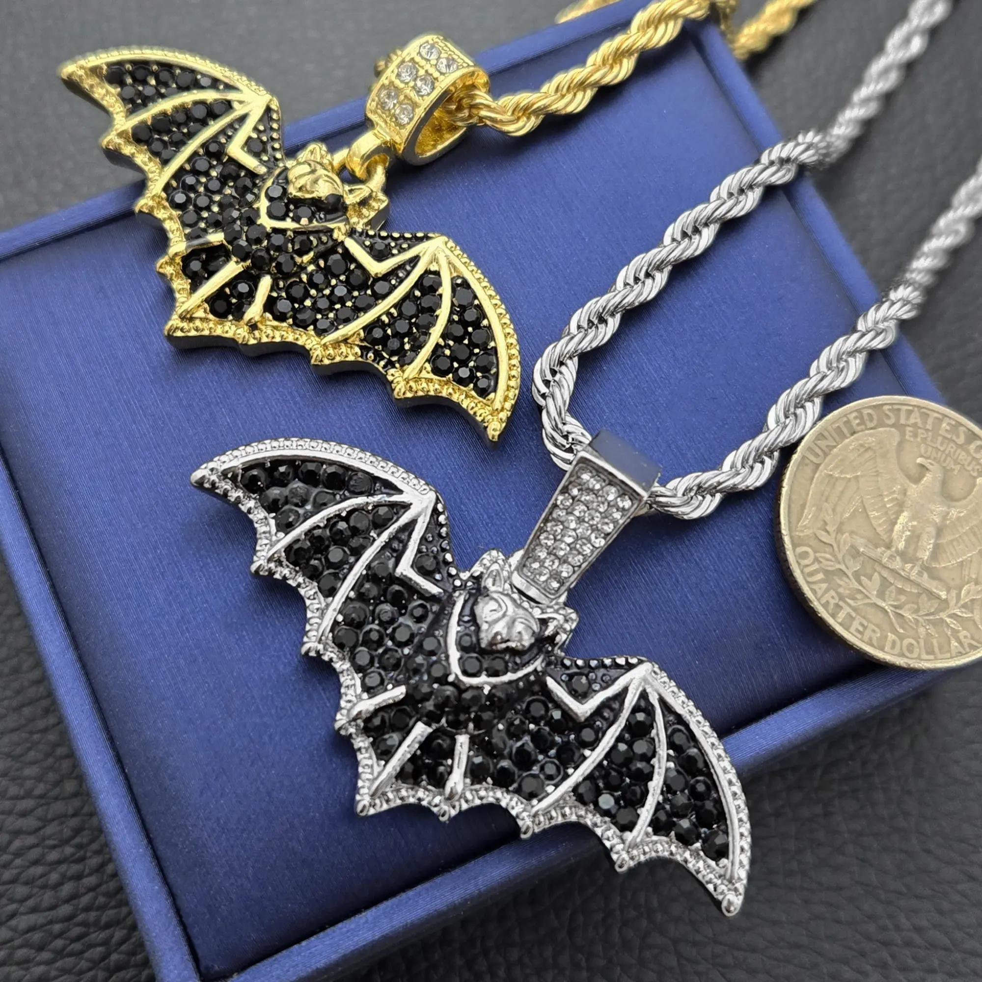 MaxBling81 Metal Plated Bat Shape Pendant Necklace with Sparkling CZ & Trendy Charms, 4mm Silver Rope Chain (18in-20in-24in Options) - Hip Hop Costume Jewelry, Halloween Gift, Sparkling Cz Necklace, Trendy Charms Necklace