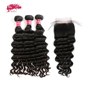 Ali Queen Hair Natural Wave Brazilian Human Hair Bundles With Closure Pre Plucked Hairline Bundles With Lace Closure Remy Hair