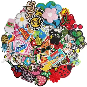 100PCS Unrepeated Random-Packed Funny Iron-On Embroidered Patches - Embroidered Flowers, Rhinestone Floral Appliques for DIY Clothes, Bags