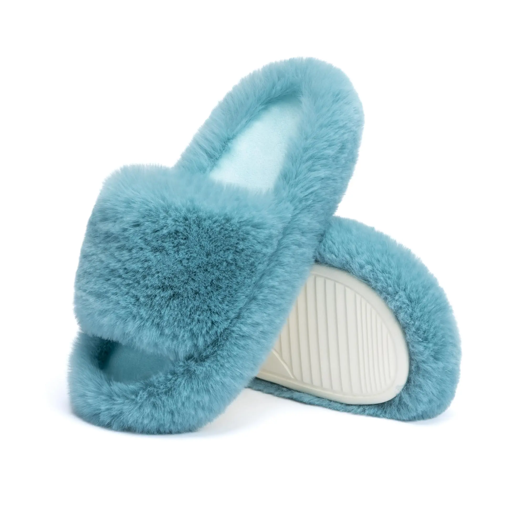 Fluffy Plush Slippers Memory Foam Cozy Open Toe House Shoes Faux Fur Lined Indoor Slippers Blue