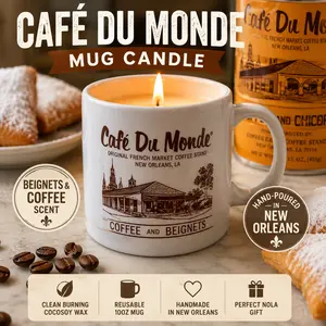 Official Cafe Du Monde Mug Candle – Beignets & Coffee Scent, 10oz Reusable Coffee Mug, New Orleans Souvenir Gift