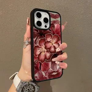 Adorable Magnetic Case for iPhone11/12/13/14/15/16/17/promax Burgundy Floral Art MagSafe Compatible, Lightweight, Anti-Fall | Girly & Chic Style