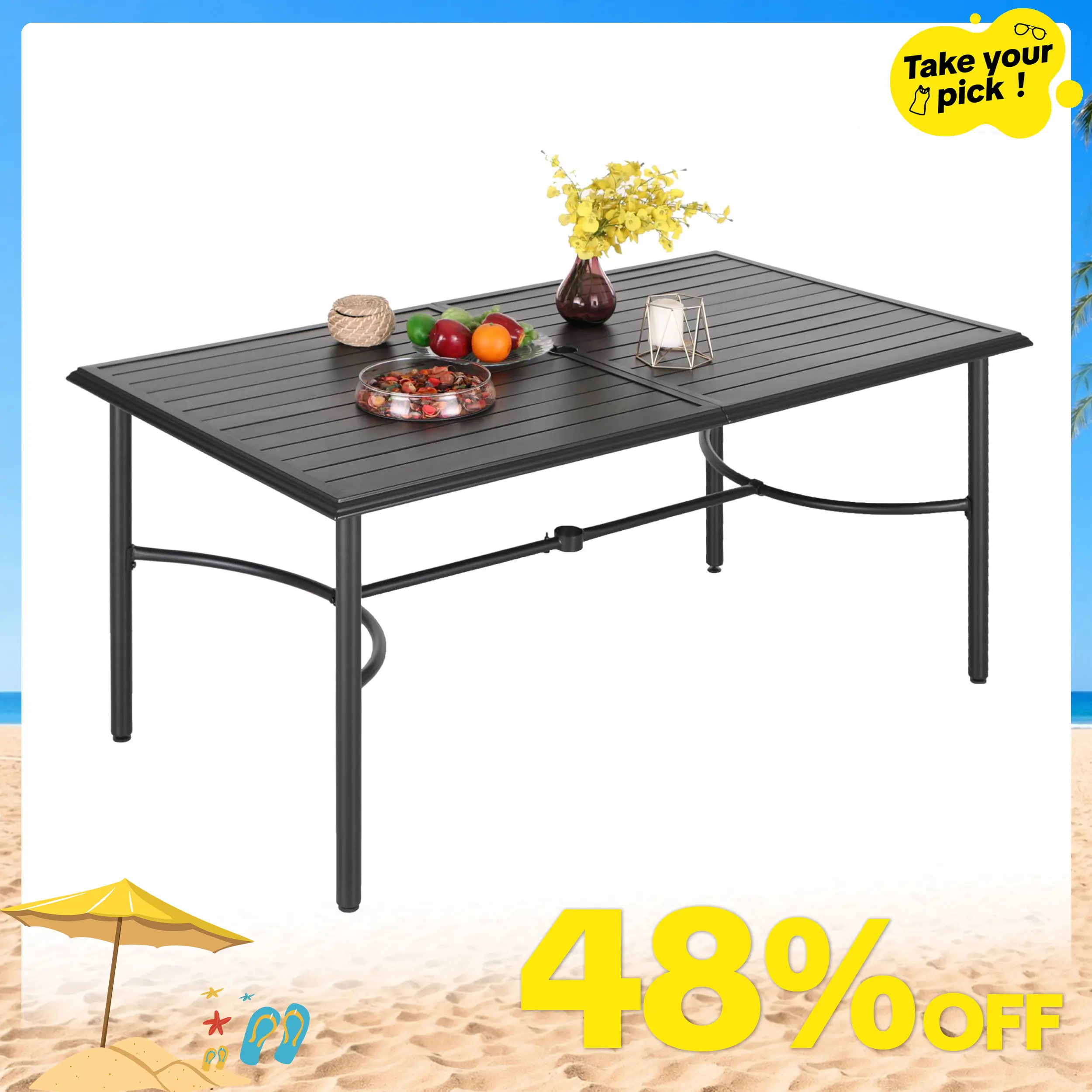 [Set] PHIVILLA 64" Large Metal Patio Dining Table Steel Rectangular Outdoor Table, Weather-Resistant Table with 1.77" Umbrella Hole for Lawn Backyard Garden, Black
