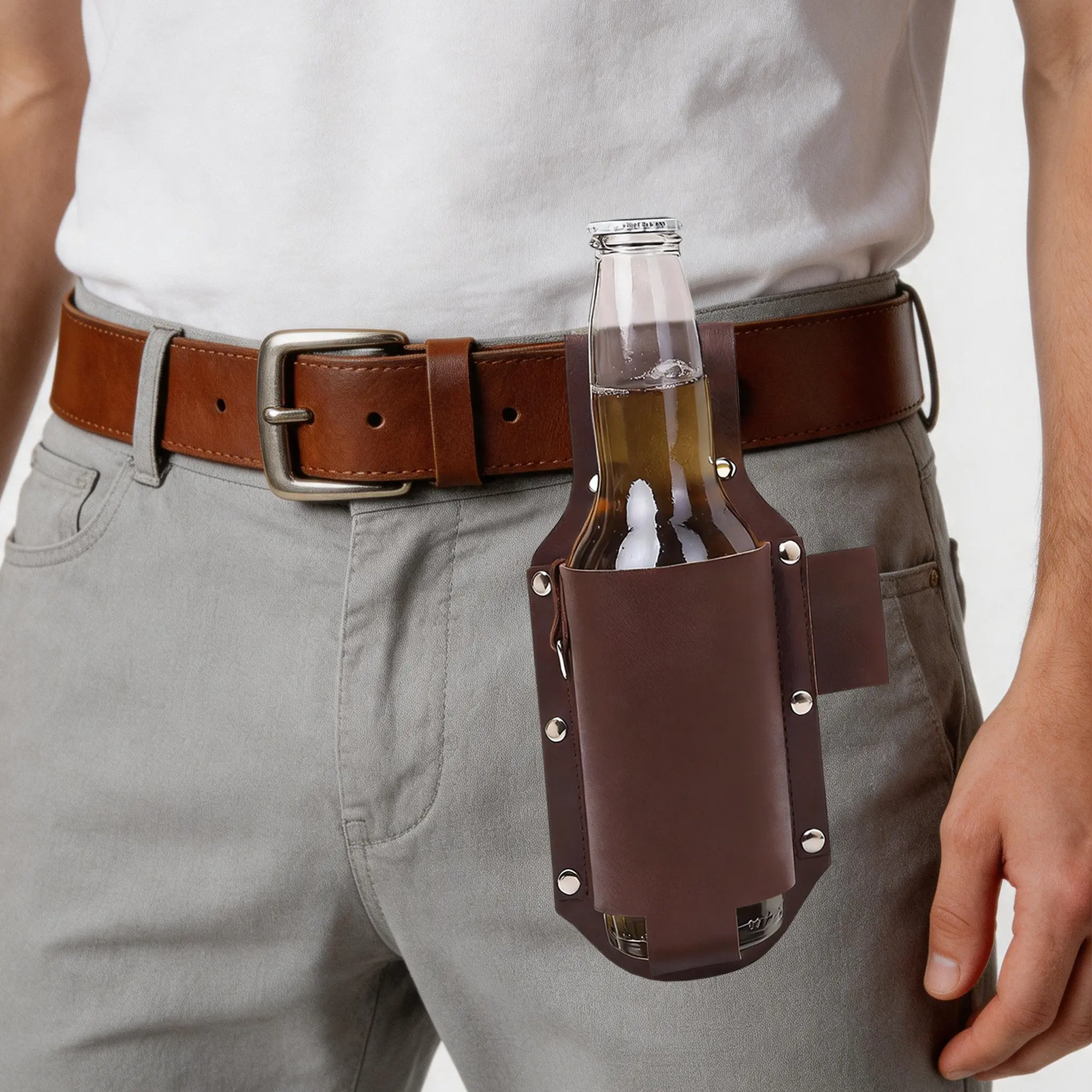 Minimalist Leather Drink Holster - Plain Bottle Belt Holder for Outdoor Work, BBQ & Daily Use - Utility Beverage Carrier - Rugged Hands-Free Accessory - Fits 12oz Cans & 12-14oz Glass Bottles