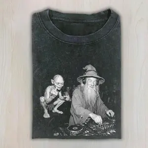 Gandalf And Gollum DJ Club Rave Meme T-Shirt, The Lord Of The Rings Hobbit, Wizard DJ Booth Scene, Fantasy Club Party, LOTR Funny Meme Shirt, Fantasy Parody Humor, LOTR Fan Gift, Unisex Cotton Crewneck T-Shirt Menswear Womenswear Streetwear Top