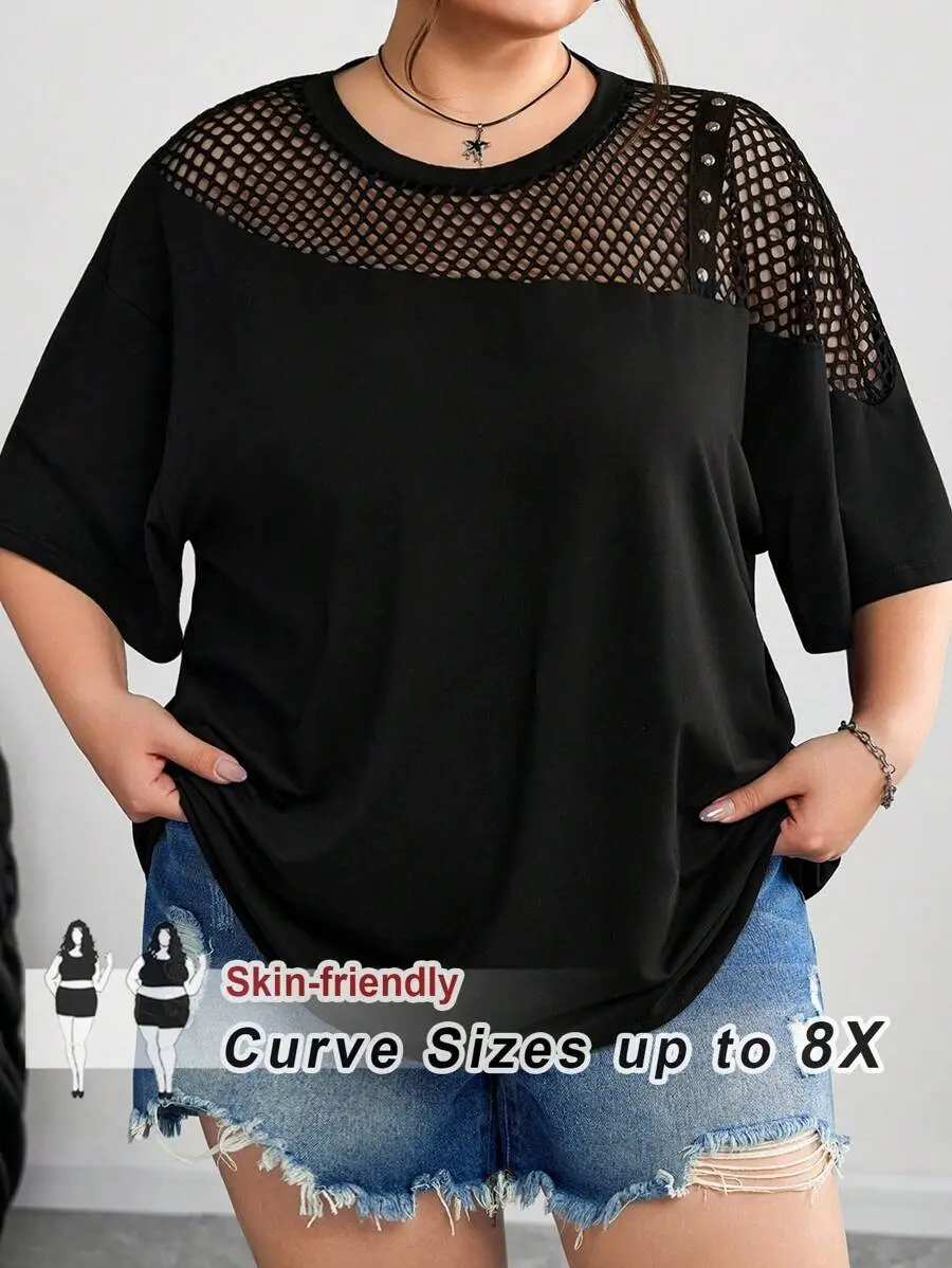 LUNA LAYER Womens Plus Size Black Mesh Splice Loose Fit Asymmetric Neck T Shirt