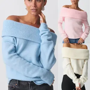 Women's Off Shoulder Crop Sweater Solid Color Boat Neck Long Sleeve Loose Knitwear Pullover，Women's Sports Sweatshirt
