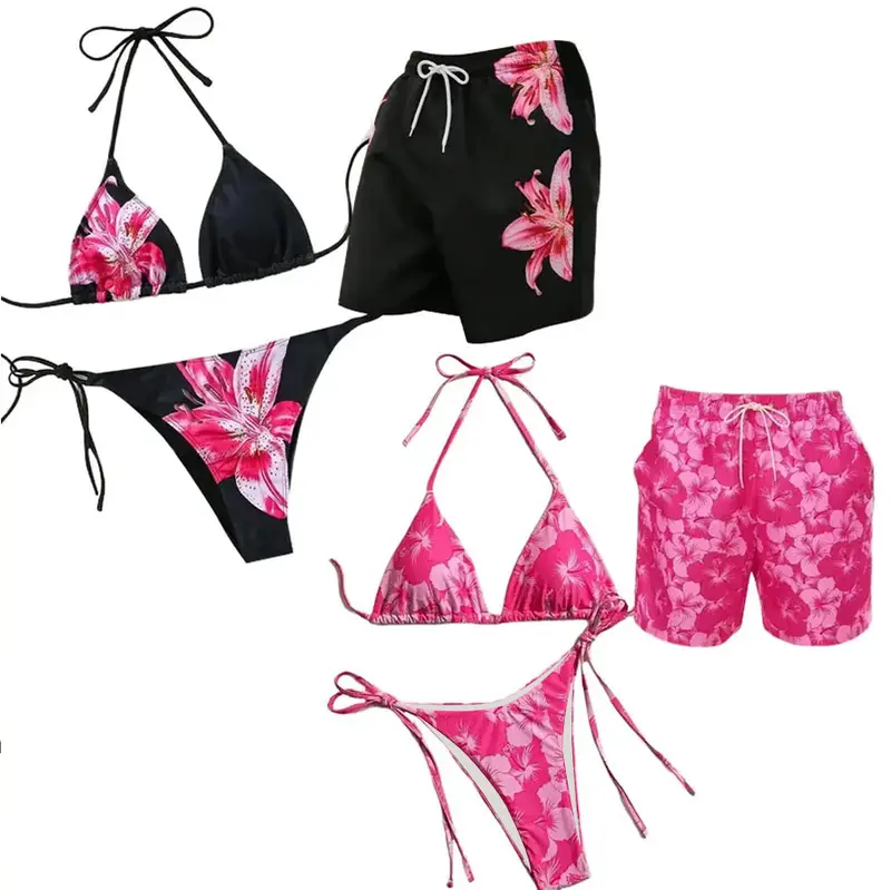 Cute Couples Matching Swimwear for Vacation: Men's Floral Beach Shorts & Women's Sexy Bikini Set Contrasting Color Women's Surf Swimsuit