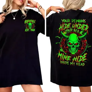Gen X Women's Custom Vintage Printed Crew Neck Fitted Skull Tshirt, Personalized 1965-1980 Birth Year, Dark Gothic Quote, Retro Tattoo Style Edgy Streetwear Clothes, Mental Strength Gift, Soft Cotton Classic Casual Unisex Top
