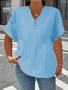 Women's V-Neck Short Sleeve Button-Up Casual Top, Spring & Fall Fashion Fitted Tee, Pure Color Cross-Border Style