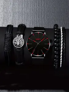 Men's Business Fashion Round Dial Analog Quartz Watch & Tree of Life Charm Bracelet Set, without Box, Fashion Watch Set for Party, Daily Decor, Trendy All-match & Exquisite Watch Set for Birthday Gift, Exquisite Band Watch