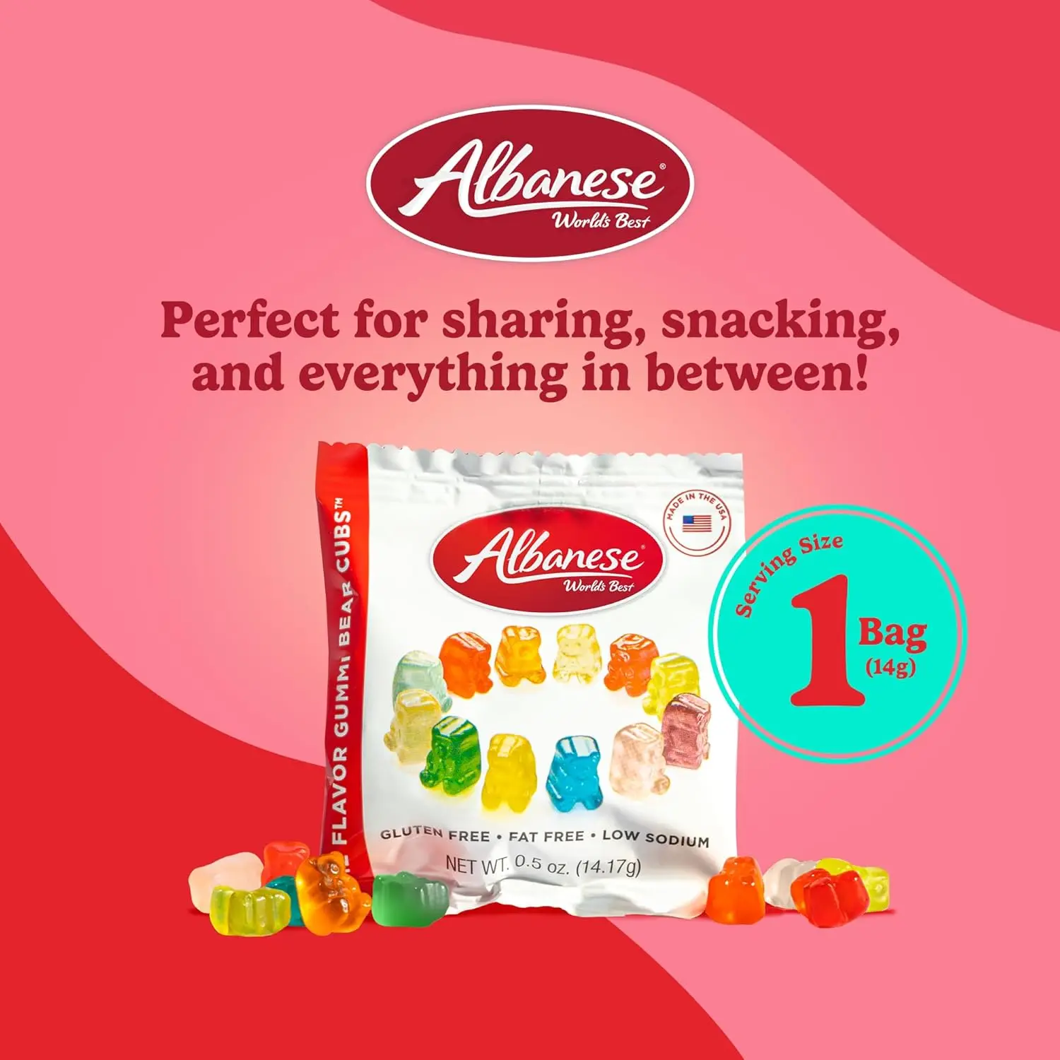 Albanese Sweet Gummi Mini Cubes - 12 Top Flavors (Cherry, Blue Raspberry & More), 50 Individually Wrapped 0.5oz US Snack Packs, Allergen Safe Corn Syrup Base Soft Candy, 2-Month Room Temp Cupboard Shelf Life, Ideal for Kids' Classroom Parties, Water, Scho