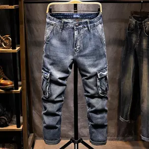 New spring model Men's outdoor multi-pocket jeans Loose straight work jeans men's Large size 42 44